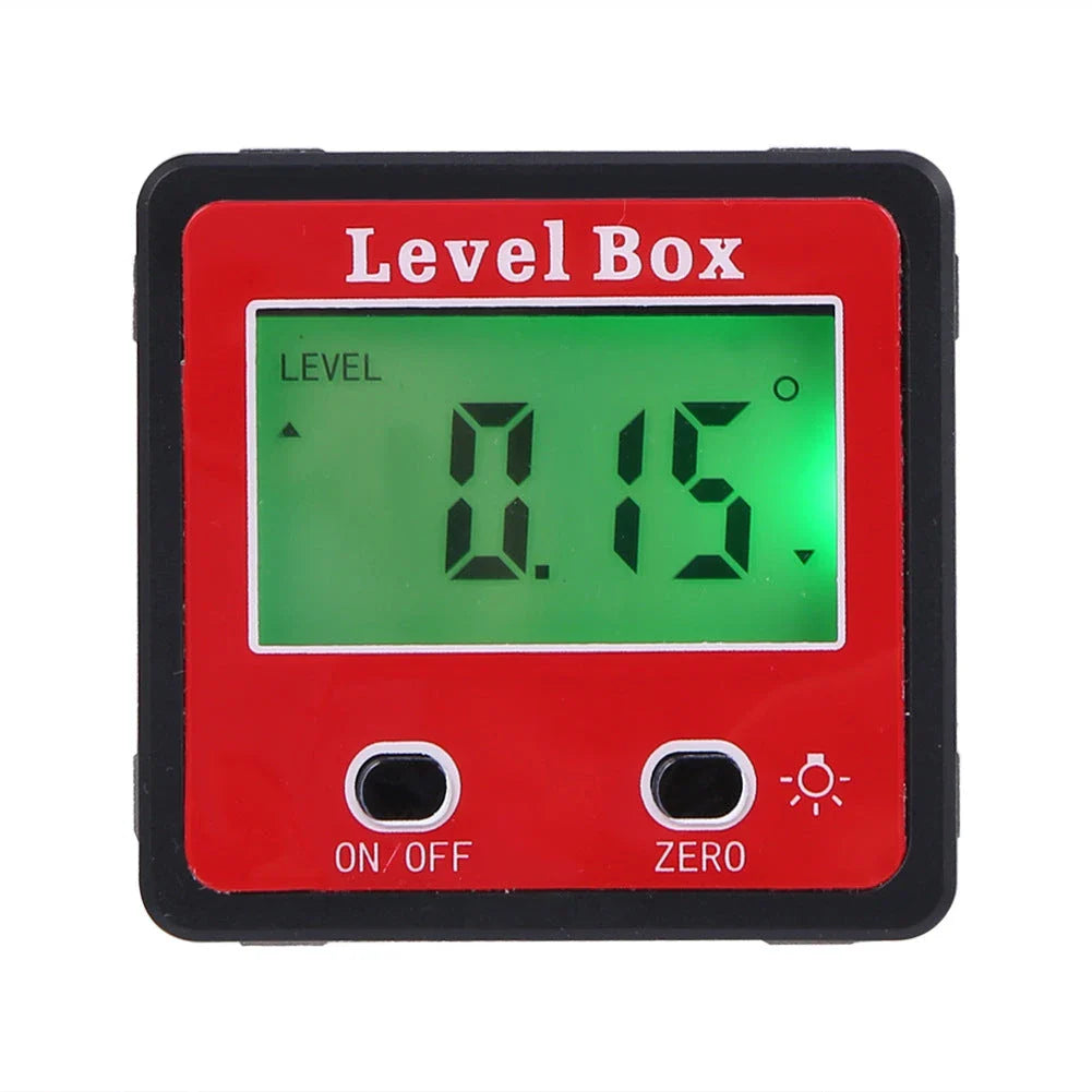 Digital angle finder with large LCD display, magnetic base, and compact, lightweight design for woodworking, construction, and other industries