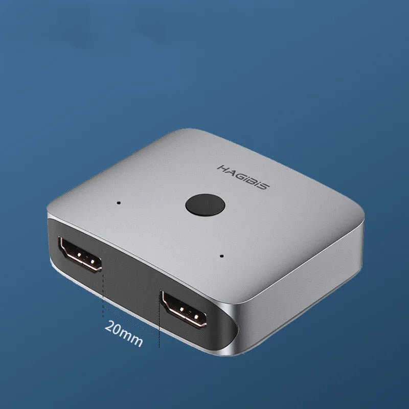 Grey Haibeisi HDMI switcher box with 2 input and 1 output ports for 4K video.