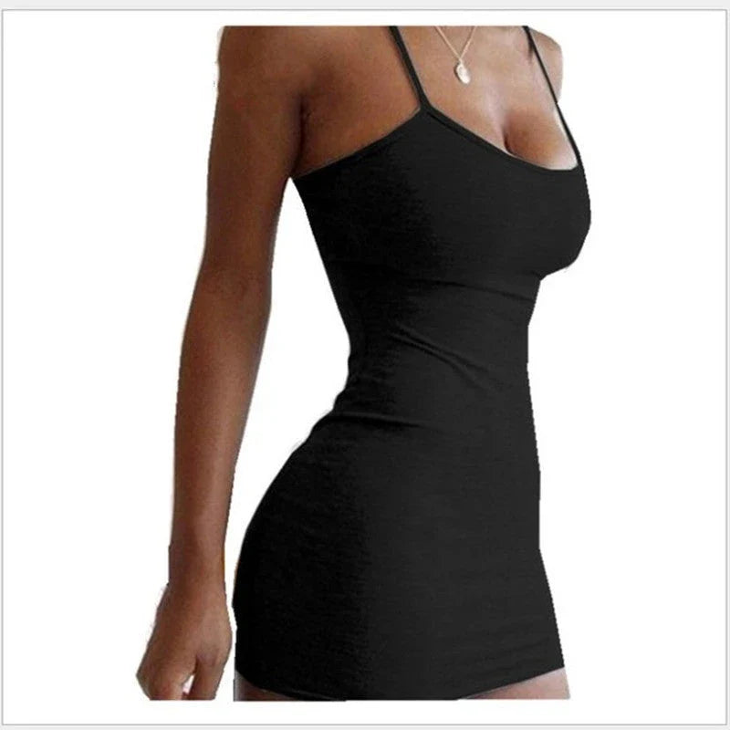 Stylish spaghetti strap mini dress in various colors, showcasing a flattering, form-fitting silhouette for fashionable women