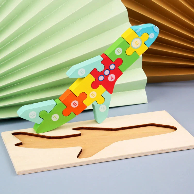 A charming wooden puzzle featuring a variety of cartoon animal designs, including a steamship, aircraft, dinosaur, and more.