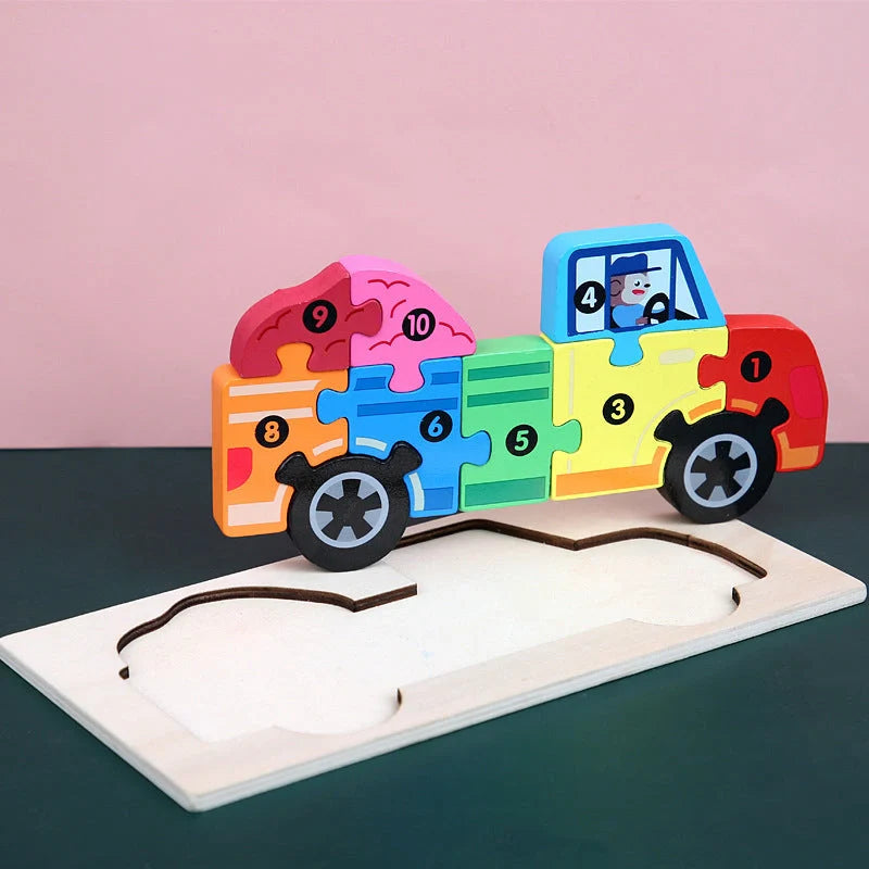 A charming wooden puzzle featuring a variety of cartoon animal designs, including a steamship, aircraft, dinosaur, and more.