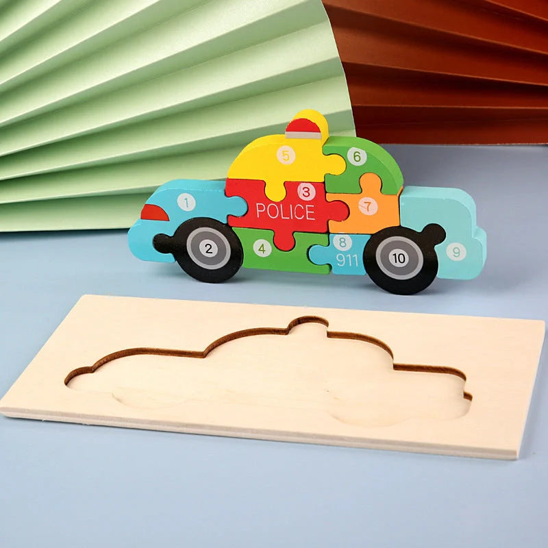 A charming wooden puzzle featuring a variety of cartoon animal designs, including a steamship, aircraft, dinosaur, and more.
