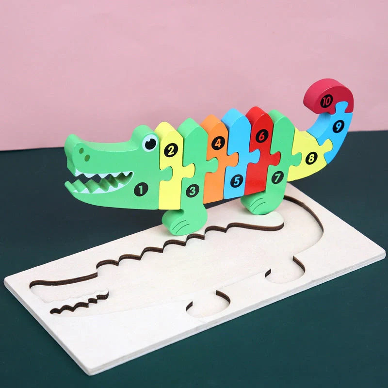 A charming wooden puzzle featuring a variety of cartoon animal designs, including a steamship, aircraft, dinosaur, and more.