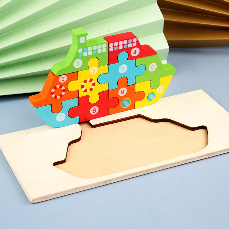 A charming wooden puzzle featuring a variety of cartoon animal designs, including a steamship, aircraft, dinosaur, and more.