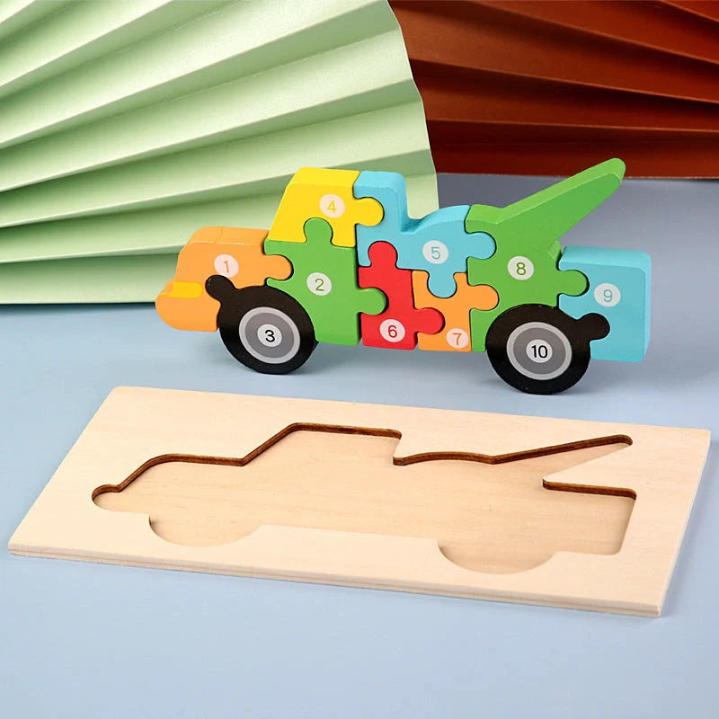 A charming wooden puzzle featuring a variety of cartoon animal designs, including a steamship, aircraft, dinosaur, and more.