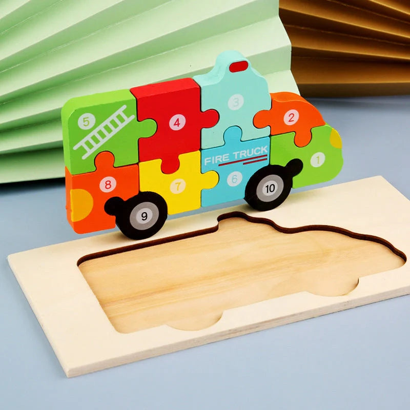 A charming wooden puzzle featuring a variety of cartoon animal designs, including a steamship, aircraft, dinosaur, and more.