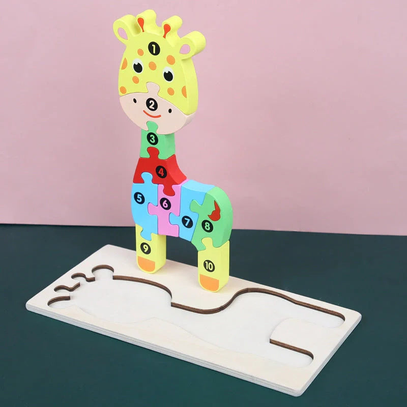 A charming wooden puzzle featuring a variety of cartoon animal designs, including a steamship, aircraft, dinosaur, and more.