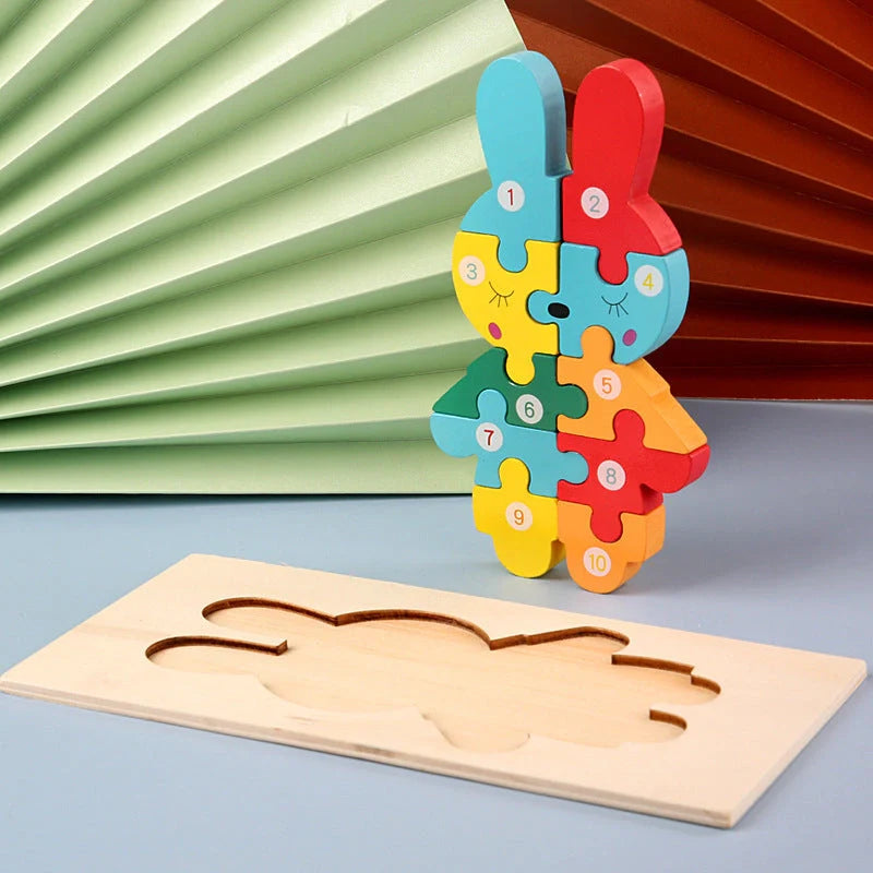 A charming wooden puzzle featuring a variety of cartoon animal designs, including a steamship, aircraft, dinosaur, and more.