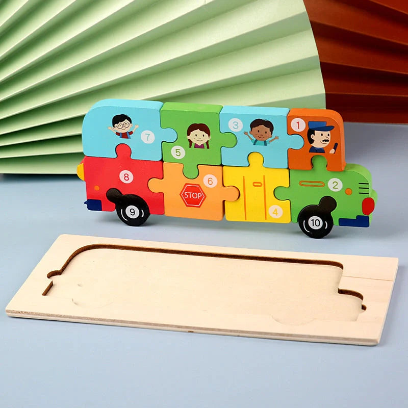 A charming wooden puzzle featuring a variety of cartoon animal designs, including a steamship, aircraft, dinosaur, and more.