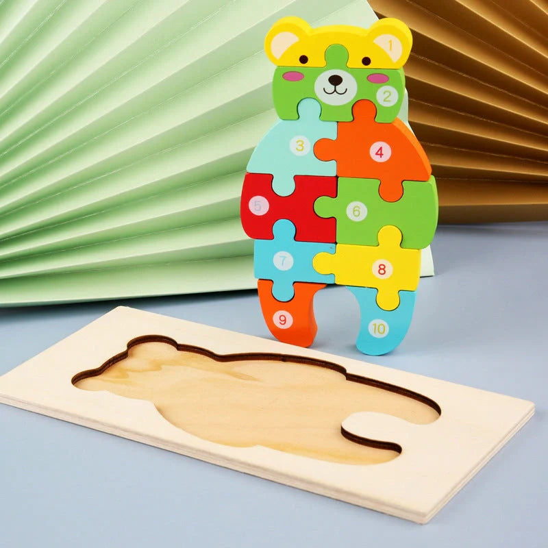 A charming wooden puzzle featuring a variety of cartoon animal designs, including a steamship, aircraft, dinosaur, and more.