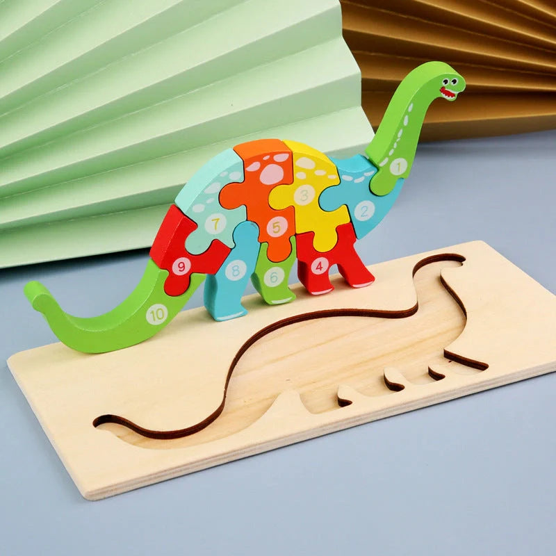A charming wooden puzzle featuring a variety of cartoon animal designs, including a steamship, aircraft, dinosaur, and more.