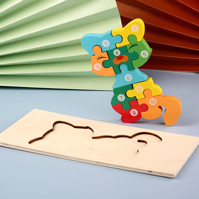 A charming wooden puzzle featuring a variety of cartoon animal designs, including a steamship, aircraft, dinosaur, and more.