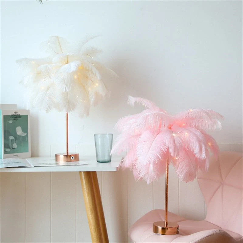 Elegant feather table lamp with remote control and LED lighting