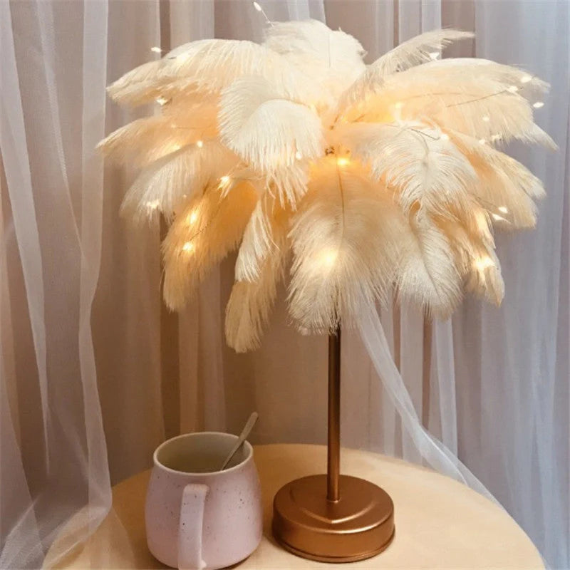 Elegant feather table lamp with remote control and LED lighting
