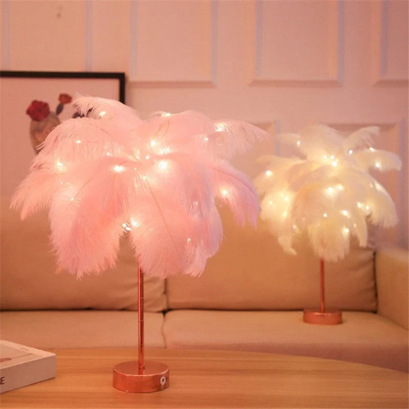 Elegant feather table lamp with remote control and LED lighting