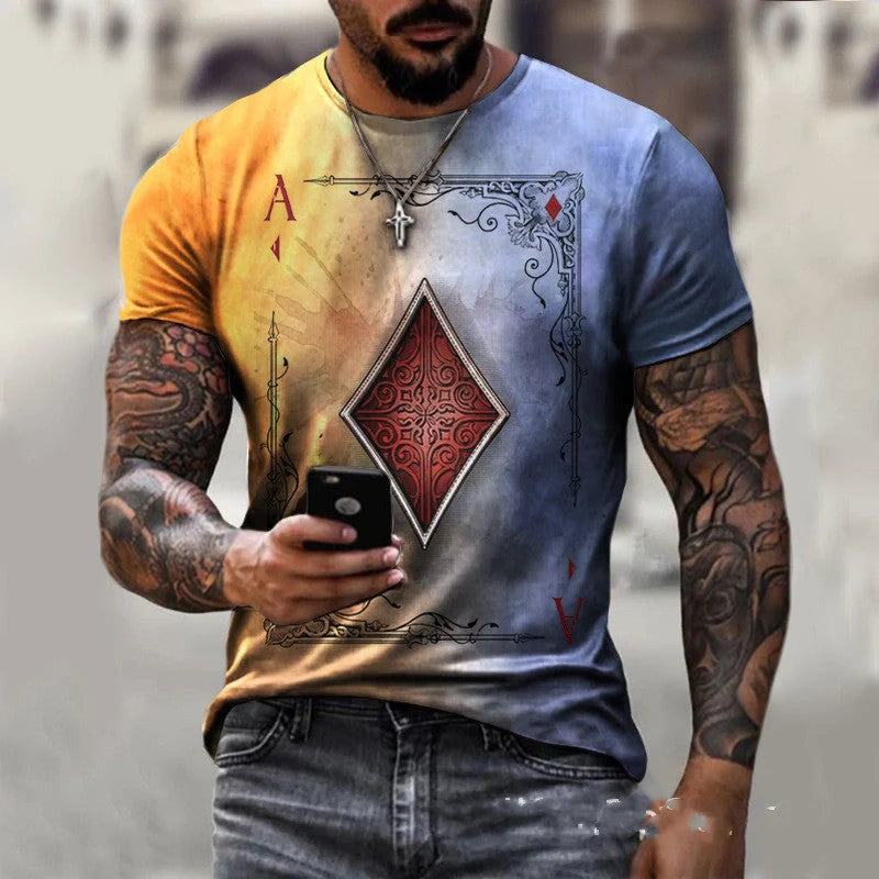 Classic men's t-shirt with playing card-inspired print in various colours and sizes