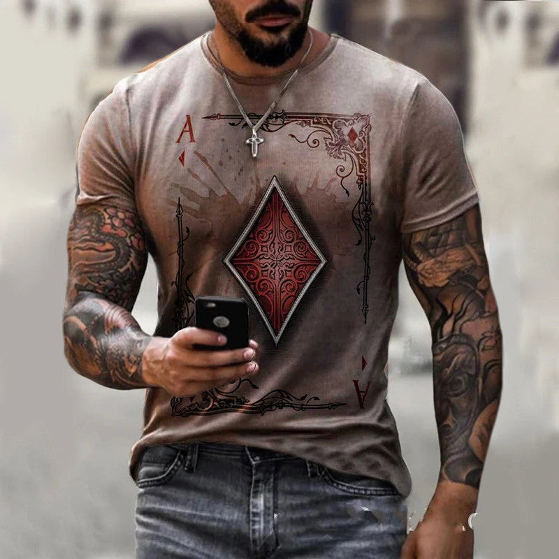 Classic men's t-shirt with playing card-inspired print in various colours and sizes