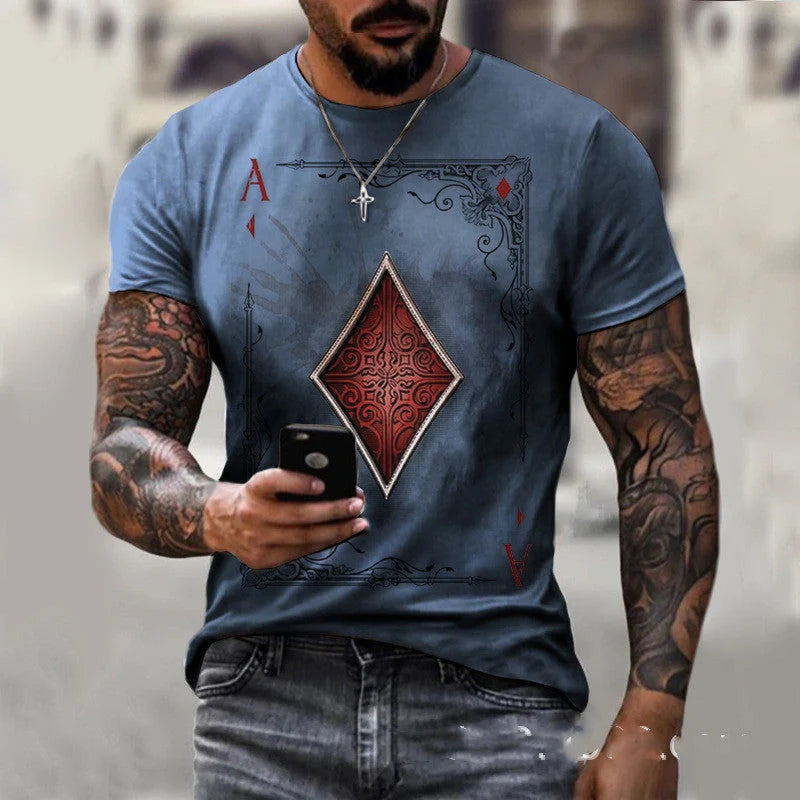 Classic men's t-shirt with playing card-inspired print in various colours and sizes