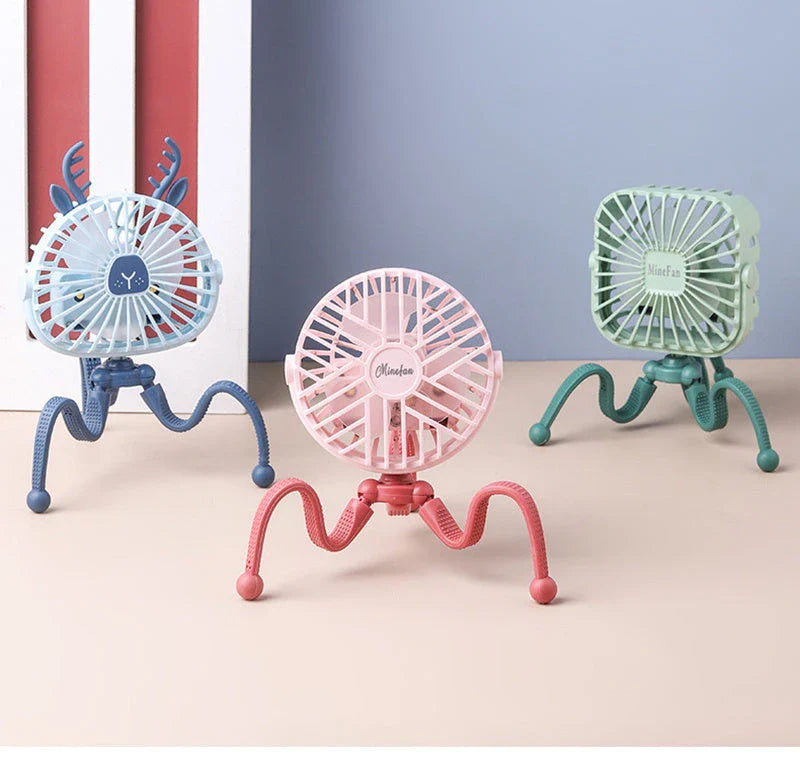 Portable desk fan with cute animal-inspired design, adjustable 360-degree rotation, and 3 wind speed settings for customized cooling