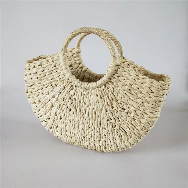 Women's rattan woven half-round handbag with 15cm handle, 39cm mouth, 20cm height, 0.4kg weight, open top.