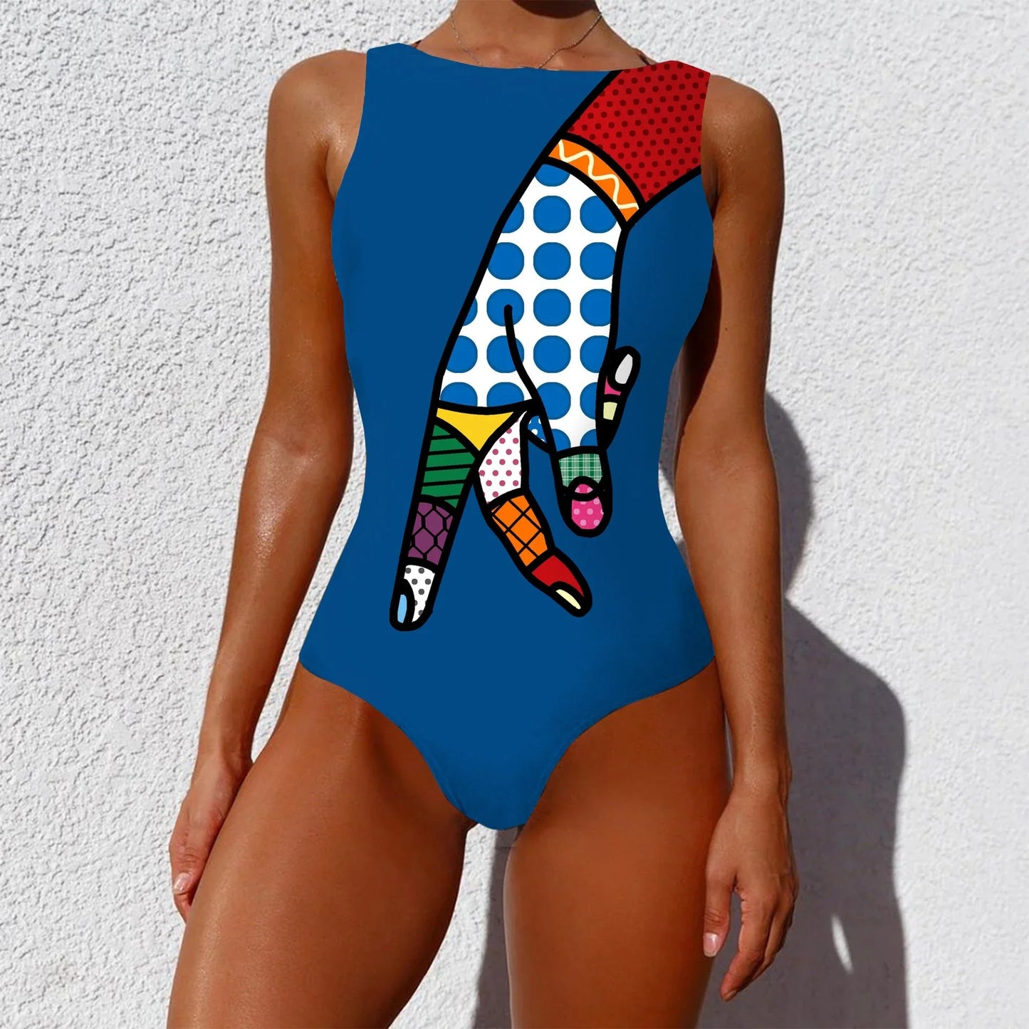 Stylish one-piece swimsuit featuring a vintage-inspired abstract print design for a bold, fashionable look