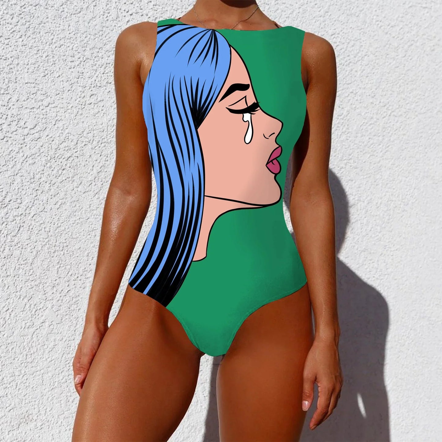 Stylish one-piece swimsuit featuring a vintage-inspired abstract print design for a bold, fashionable look