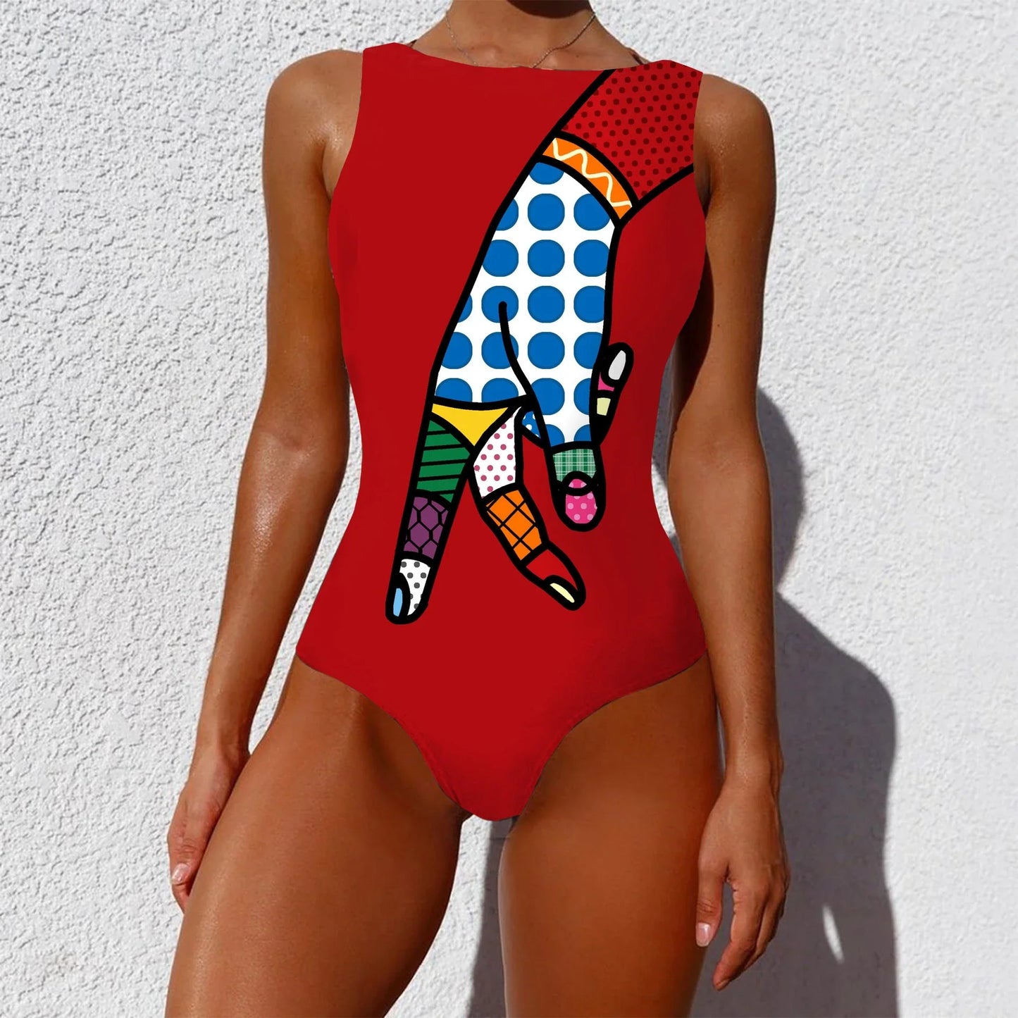 Stylish one-piece swimsuit featuring a vintage-inspired abstract print design for a bold, fashionable look