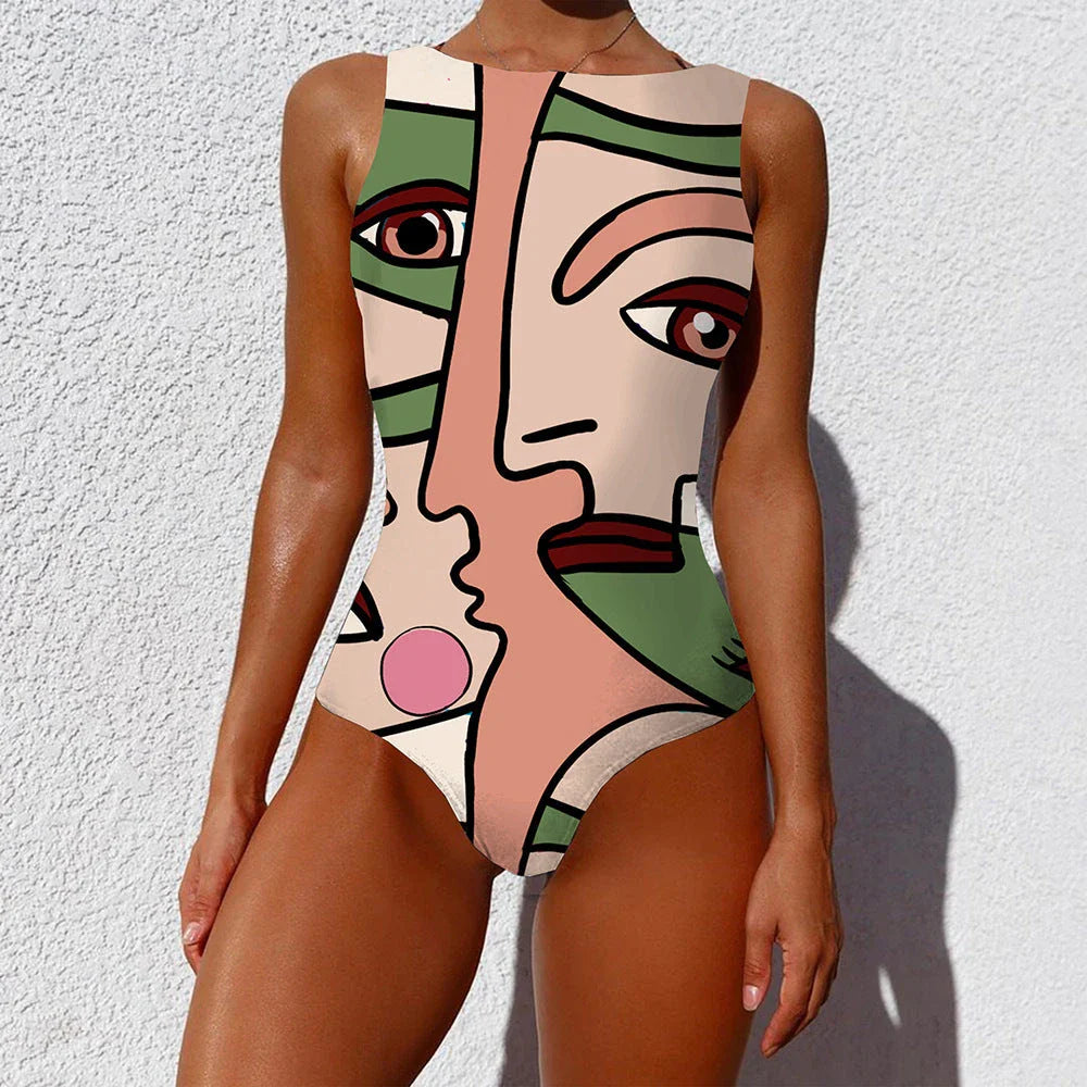 Stylish one-piece swimsuit featuring a vintage-inspired abstract print design for a bold, fashionable look