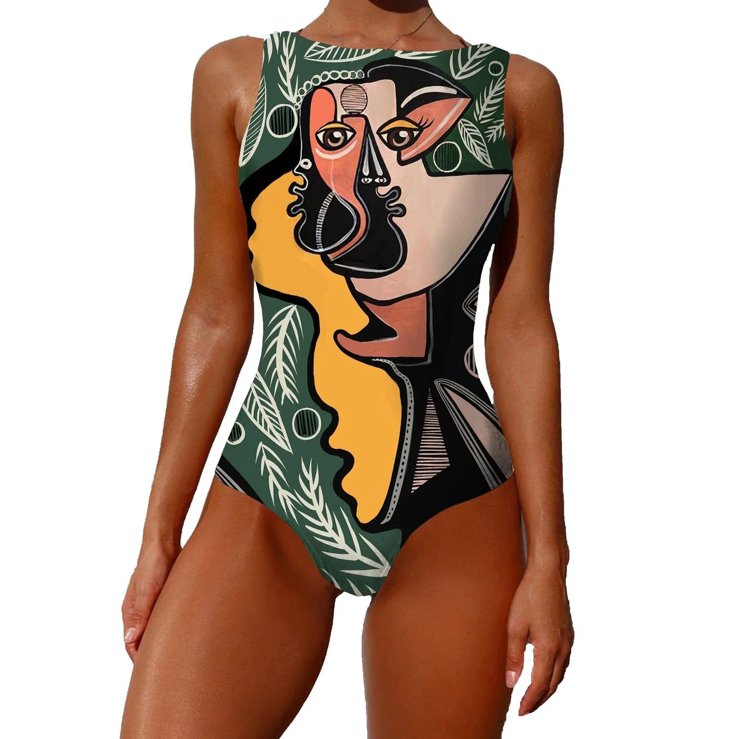 Stylish one-piece swimsuit featuring a vintage-inspired abstract print design for a bold, fashionable look