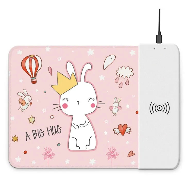 Wireless charging mouse pad with cartoon design, RGB lighting, and non-slip rubber base measuring 298mm by 215mm