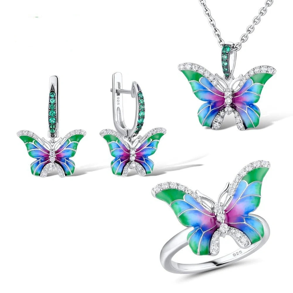 Vibrant epoxy butterfly ring and enamel paint jewelry set with intricate designs