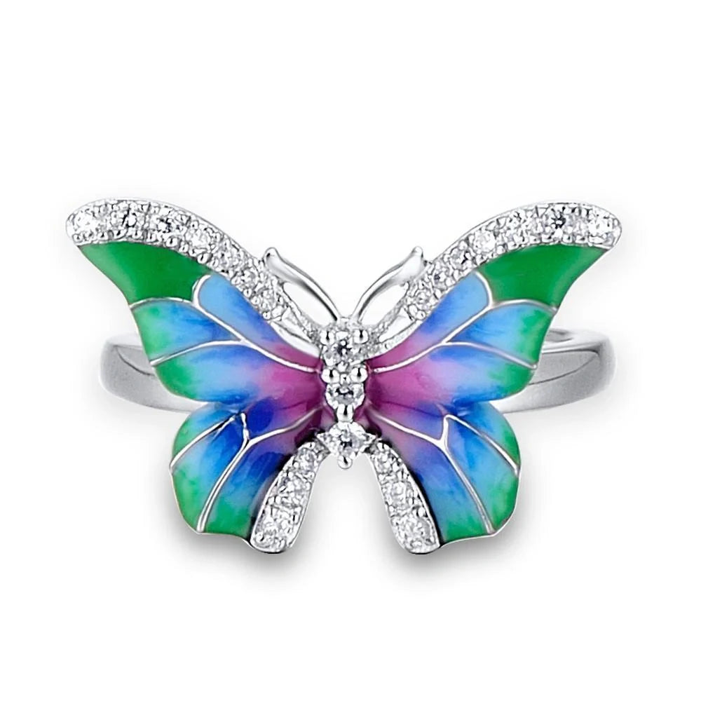 Vibrant epoxy butterfly ring and enamel paint jewelry set with intricate designs