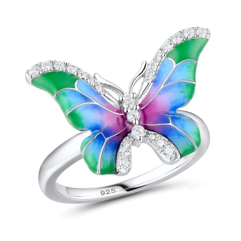 Vibrant epoxy butterfly ring and enamel paint jewelry set with intricate designs