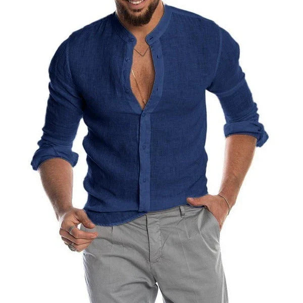 Stylish men's linen button-down shirt in a variety of classic colors