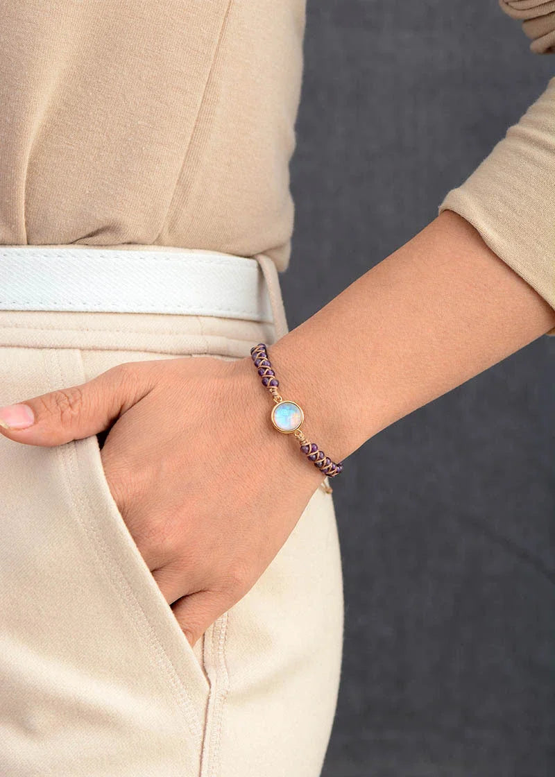 Stylish stone-wrapped bracelets featuring genuine amethyst and opal accents in a braided design