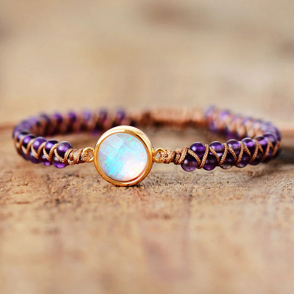 Stylish stone-wrapped bracelets featuring genuine amethyst and opal accents in a braided design