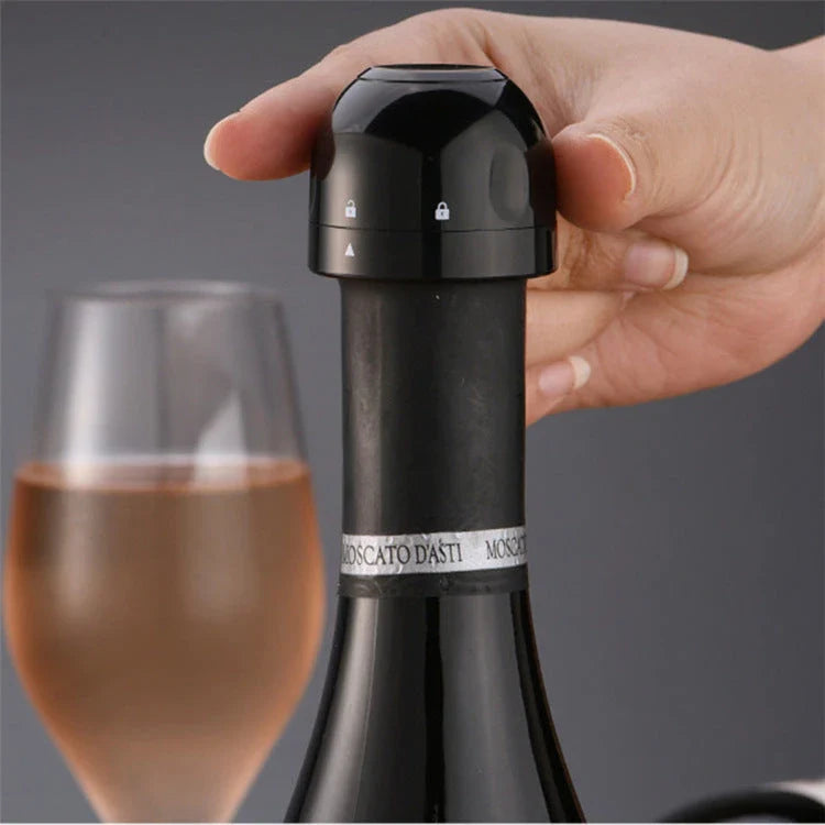 Premium black champagne and wine bottle stoppers with vacuum seal technology to preserve freshness and carbonation