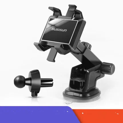 Black rotary car phone holder with parking card slot and adjustable swivel mount for dashboard or air vent