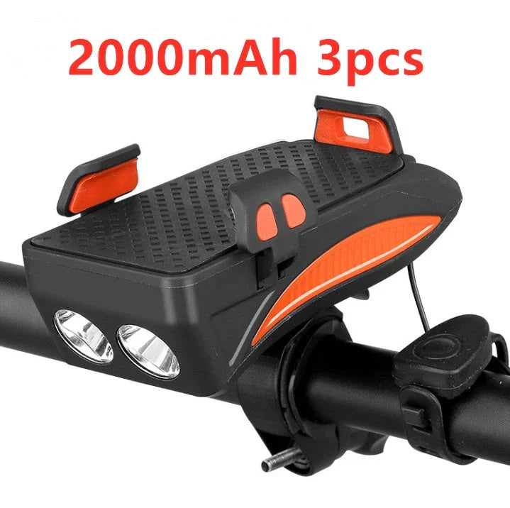 Multifunctional bike mount with horn, lights, and adjustable phone holder for secure storage and charging on the go