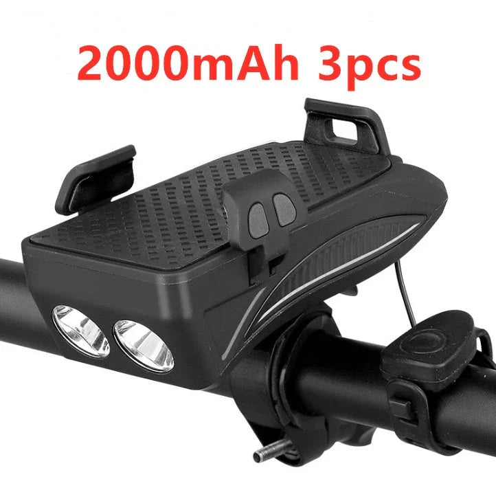 Multifunctional bike mount with horn, lights, and adjustable phone holder for secure storage and charging on the go