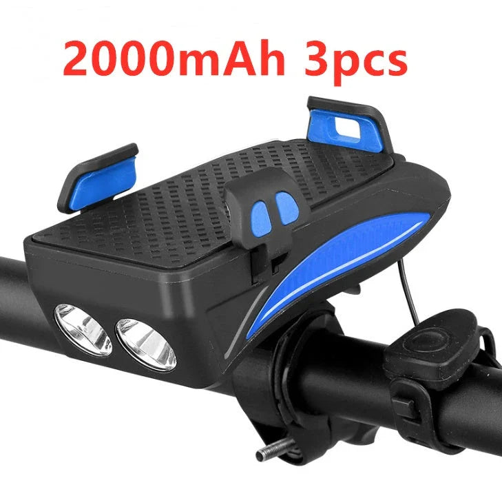 Multifunctional bike mount with horn, lights, and adjustable phone holder for secure storage and charging on the go