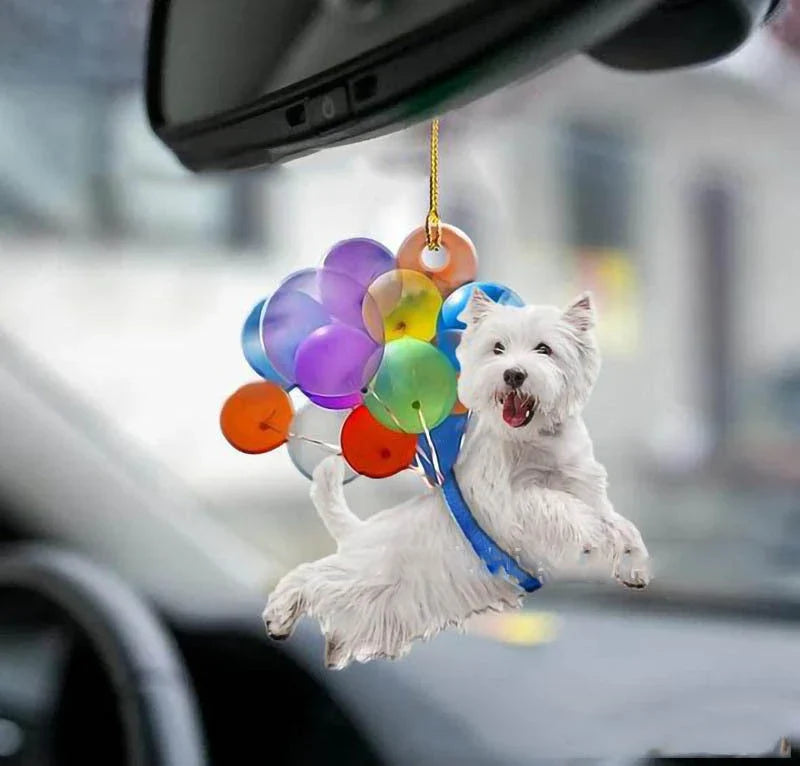 Charming dog-shaped car decoration with vibrant parachute accent, made of durable acrylic for versatile use.