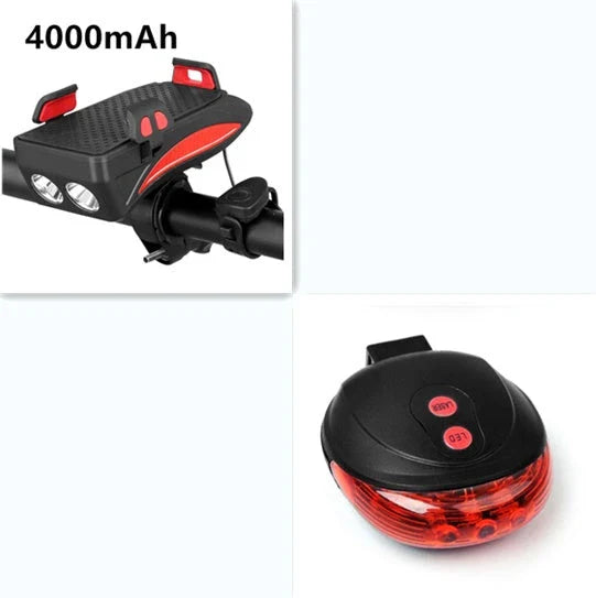 Multifunctional bike mount with horn, lights, and adjustable phone holder for secure storage and charging on the go
