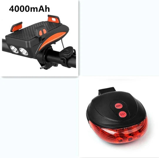 Multifunctional bike mount with horn, lights, and adjustable phone holder for secure storage and charging on the go