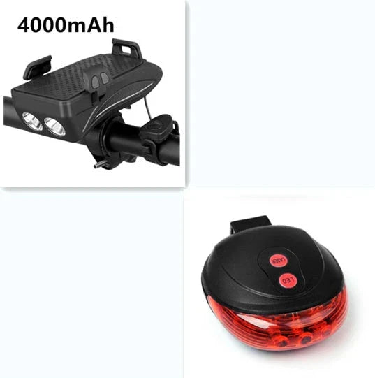 Multifunctional bike mount with horn, lights, and adjustable phone holder for secure storage and charging on the go
