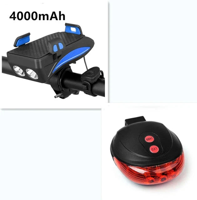 Multifunctional bike mount with horn, lights, and adjustable phone holder for secure storage and charging on the go