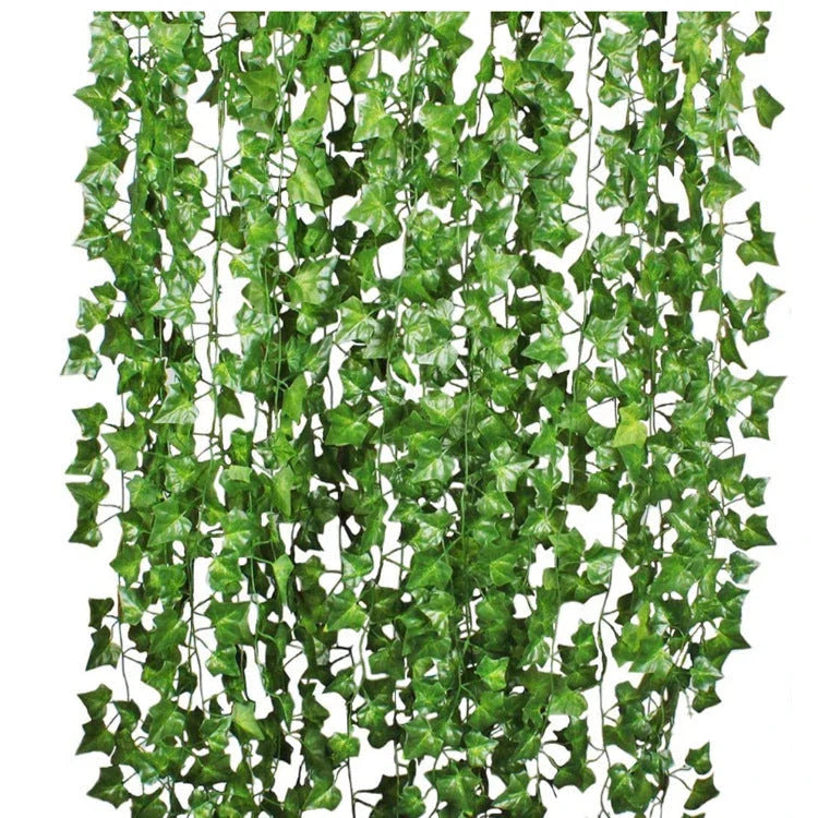 Premium silk hanging leaf garland with realistic green leaves and flexible rattan vine for customizable home, wedding, and garden decor