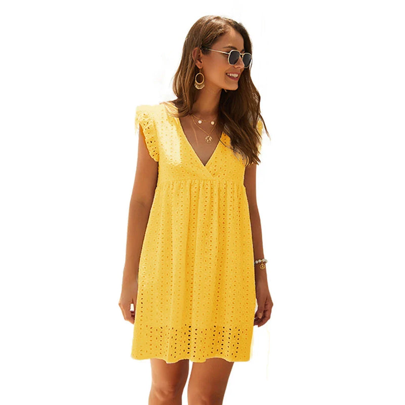 Chic Floral Embroidered V-Neck Cotton Mini Dress