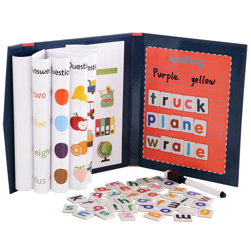 Magnetic spelling and letter workbook for primary school students with colorful puzzles, strong magnetic backing, and wooden construction
