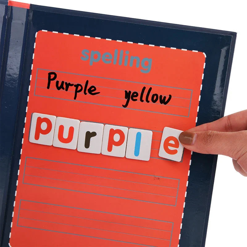 Magnetic spelling and letter workbook for primary school students with colorful puzzles, strong magnetic backing, and wooden construction